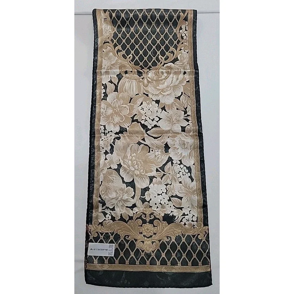 Vintage Liz Claiborne Silk Scarf Oblong Black Gold Baroque Floral Lattice Long